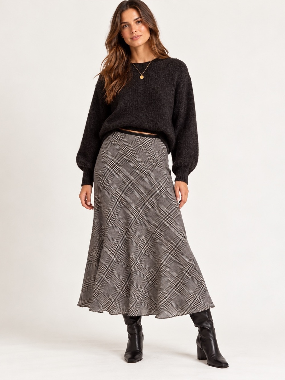 Belle Vere Black & Ivory Plaid Satin Midi Slip Skirt Size Medium